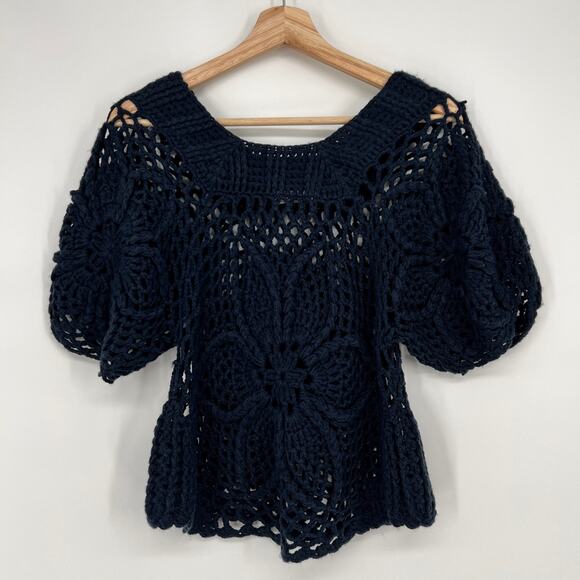 Sheson Crochet Sweater Small Open Knit Navy Blue Short Puff Sleeve Pullover Top - Picture 5 of 10
